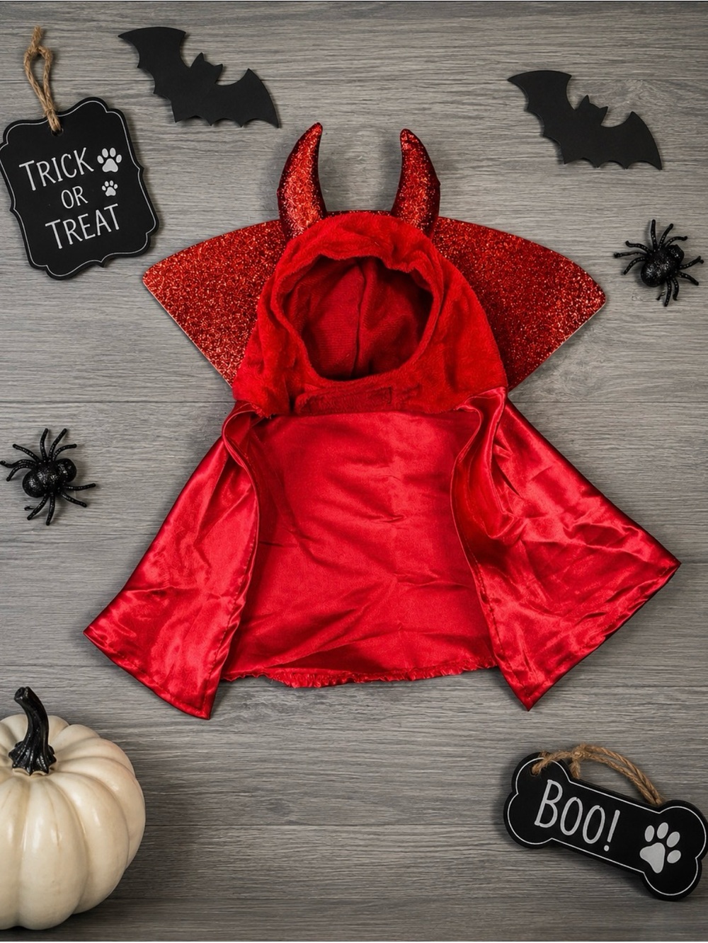 “Handsome Devil” Dog Halloween Costume w/ Cape + Glitter Horn Hood | Size: L/XL